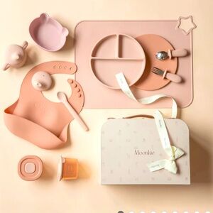 Moonkie First Bites Set.  Baby feeding items. Bib/Plate/Utensils/ Cup …. NWT